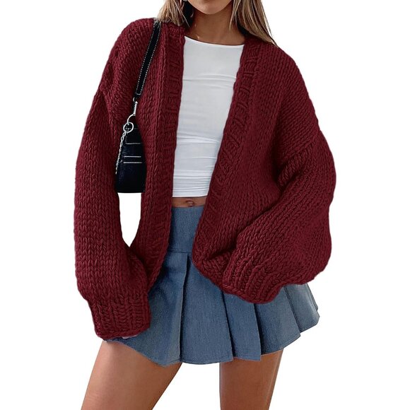 Womens Trendy Cardigan Sweaters Wine Red Long Sleeve Chunky Knit Outfits - Picture 1 of 8